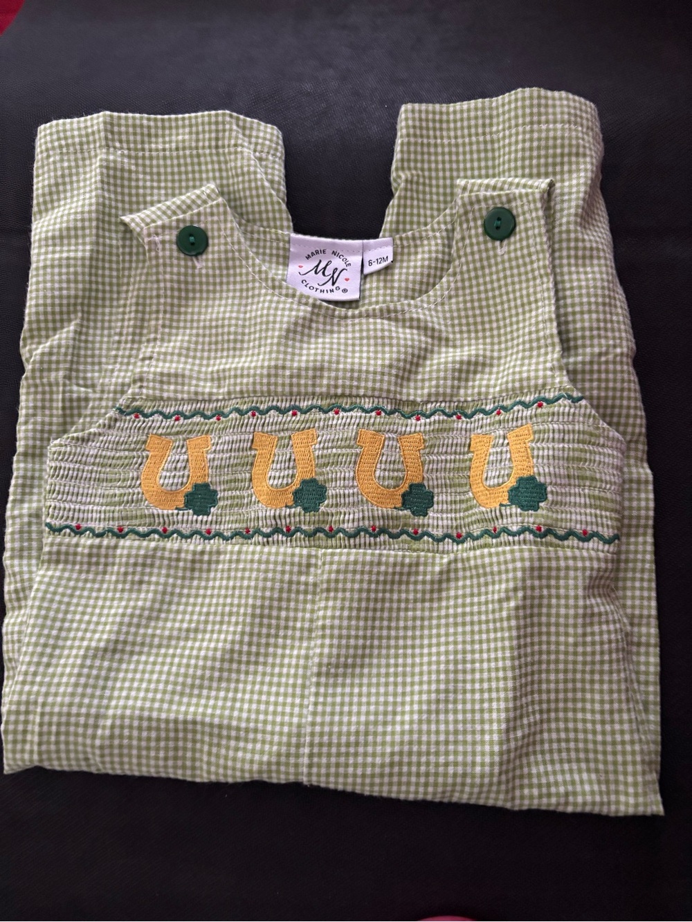 Kids Green Gingham Smocked Jumper Horseshoe Embroidery and Clovers